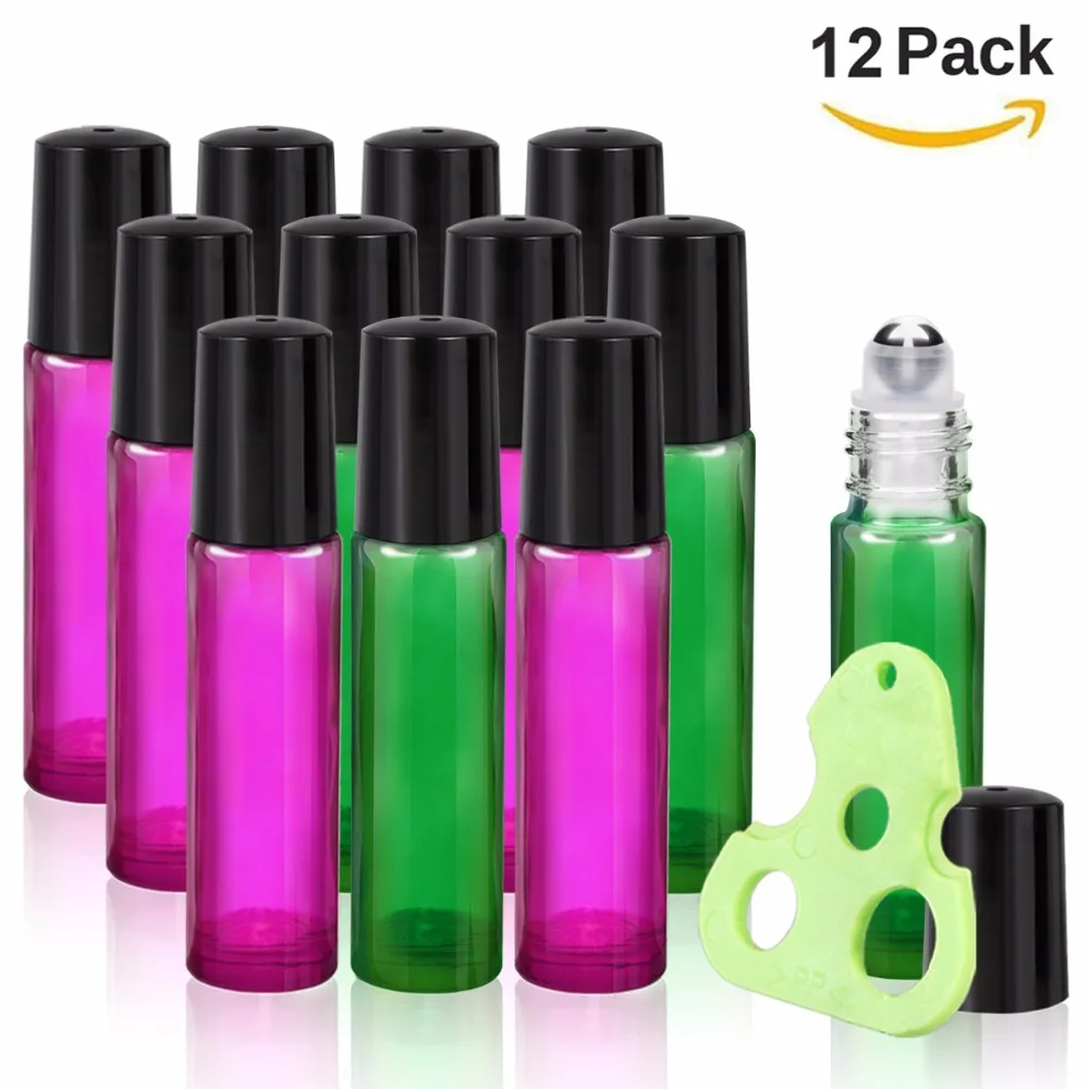 12Pack 10ml Glass Roller Bottles with Stainless Steel Roller Balls