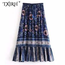 TXJRH богемная синяя юбка с цветочным принтом и рюшами для отдыха, Женская открытая Юбка-миди со шнуровкой