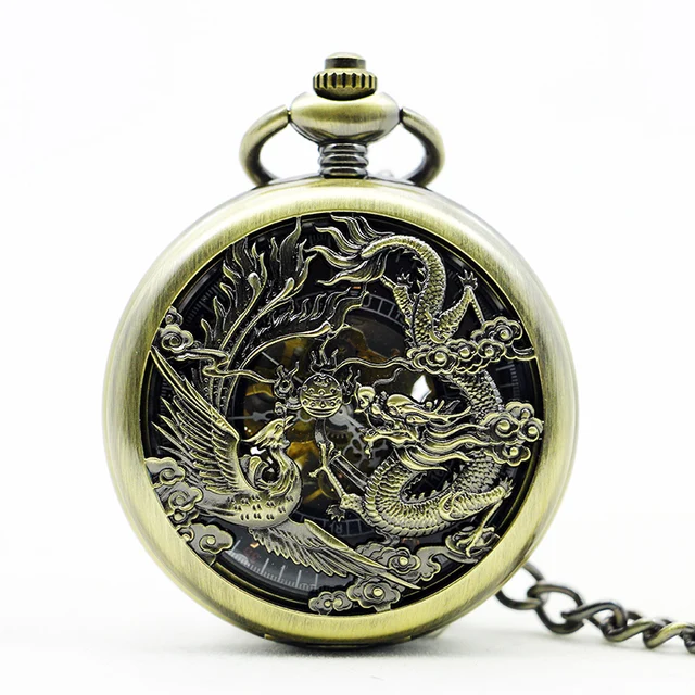 Vintage Chinses Flying Dragon&Phoenix Pendant Bronze Pocket Watch Mechanical Han Vintage Chinses Flying Dragon&Phoenix Pendant Bronze Pocket Watch Mechanical Han