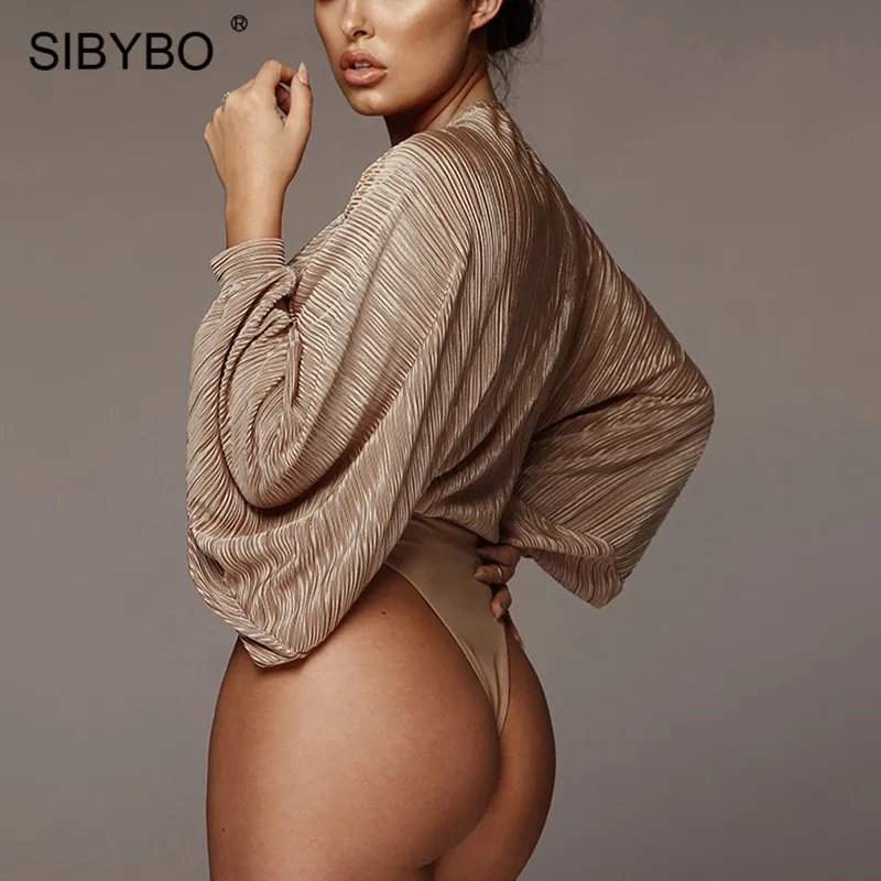 Online Sibybo Deep v cuello Patchwork Sexy Bodysuit moda mujer manga larga suelta mujer mono Casual otoño mono 2019