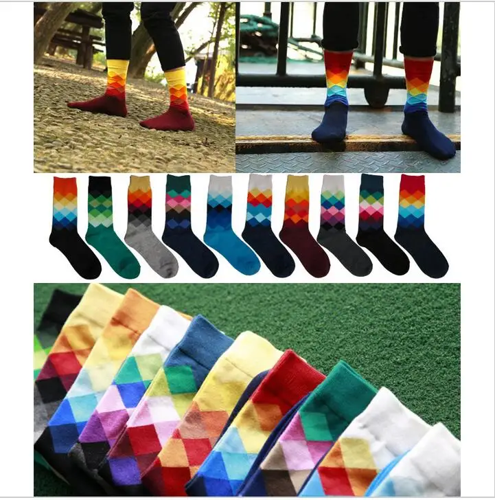 2017 10colors Men's socks British Style Plaid calcetines Gradient Color
