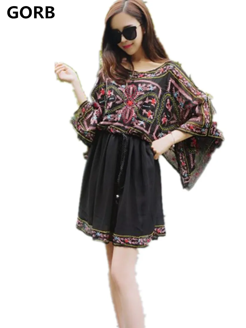 2018 Vintage Mexican Print Embroidery Women Chiffon O Neck Elastic Waist Loose Mini Dress Flare Half Sleeve Runway Boho Dresses | Женская