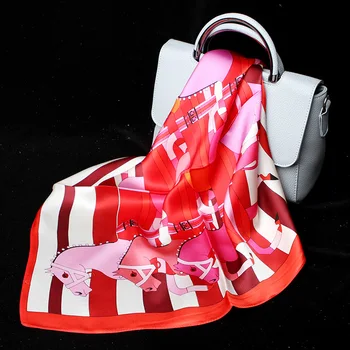 

100% Silk Women Scarf Ladies Soft Satin Horse Print Scarves Femme Small Square 53*53 CM Elegant Neck Scarf Girls Silk Headbands
