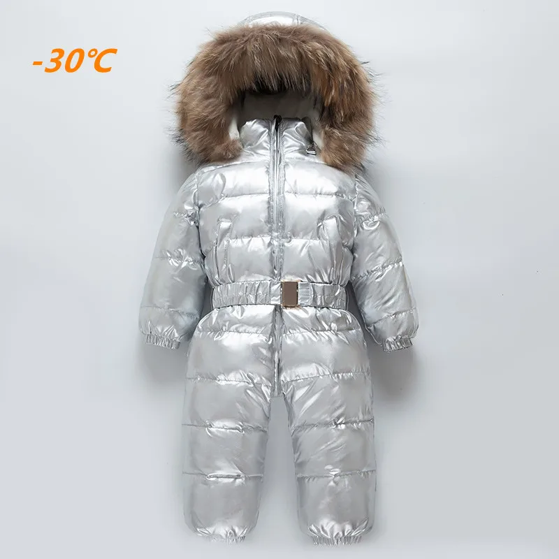 

-35 Degrees Baby Winter Thickening Big Real Fur Collar Rompers Child White Duck Down Warm Waterproof Jumpsuit Kids Ski Suit