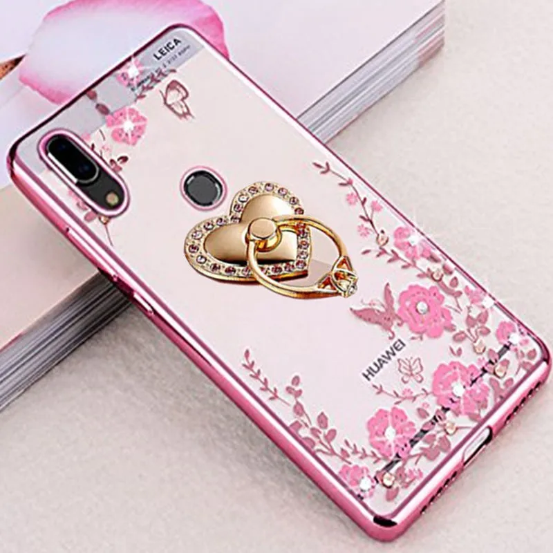 

Luxury Glitter Flower Phone Case for Huawei P Smart 2019 Ring Holder Bling Phone Case for Honor 10 lite Anti-konck Coque Cover