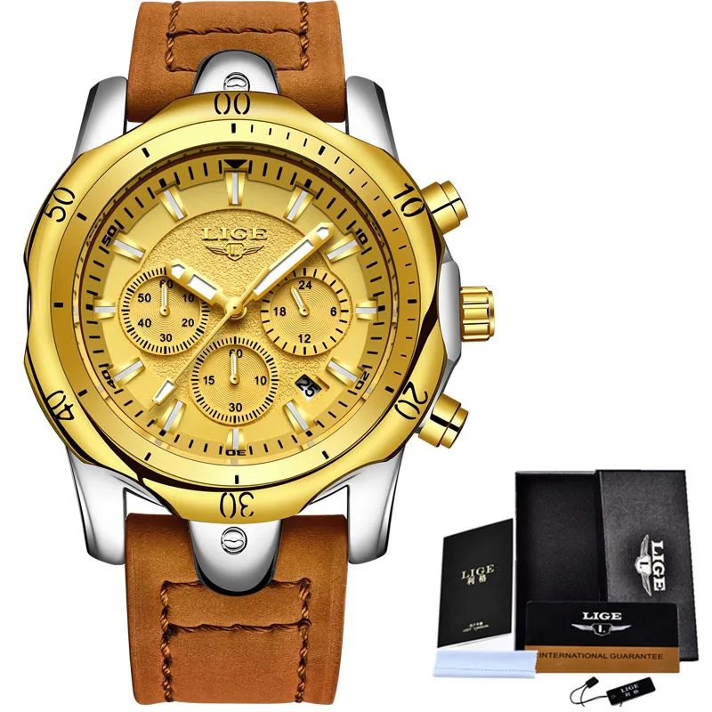 LIGE Мужские часы Роскошные брендовые золотые кварцевые часы мужские повседневные кожаные военные водонепроницаемые спортивные наручные часы Relogio Masculino - Цвет: leather all gold