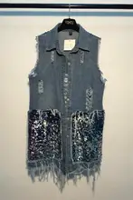 Spring New Denim Vest Medium-Long Women Summer Sequined Vest Turn-down Collar Coat Denim Sleeveless Jacket
