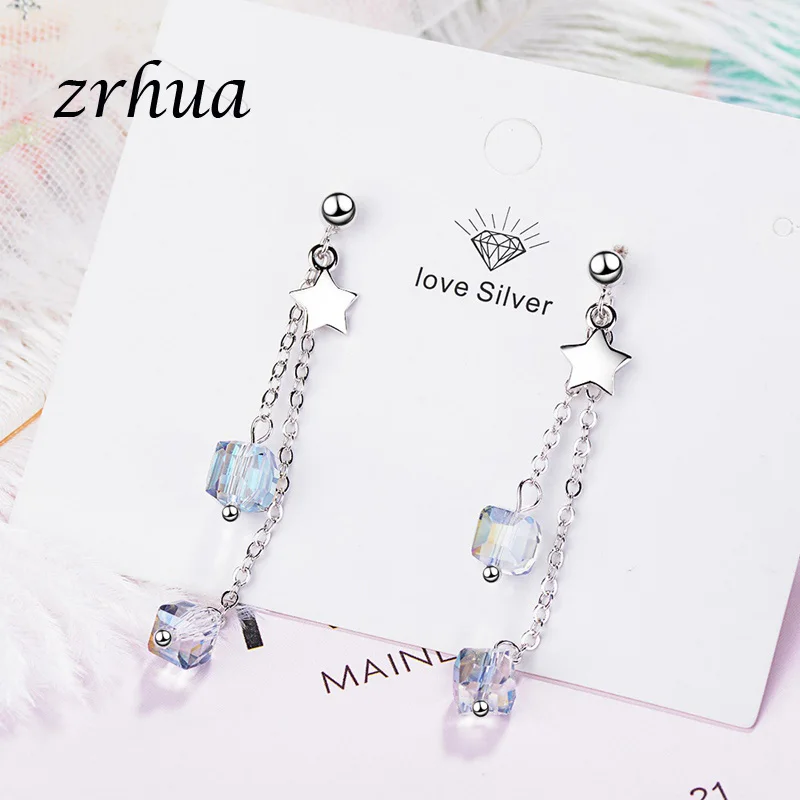 

ZRHUA Rainbow 925 Sterling Silver Earrings For Women Dazzling Micro CZ Zircon Personalized Square Tassel Earrings Candy Brincos