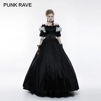 

PUNK RAVE Gothic Victorian Vintage Palace Long Dress Retro Bubble Sleeve Black Slim Cuff Lace Flowers Women Clothing Club Party