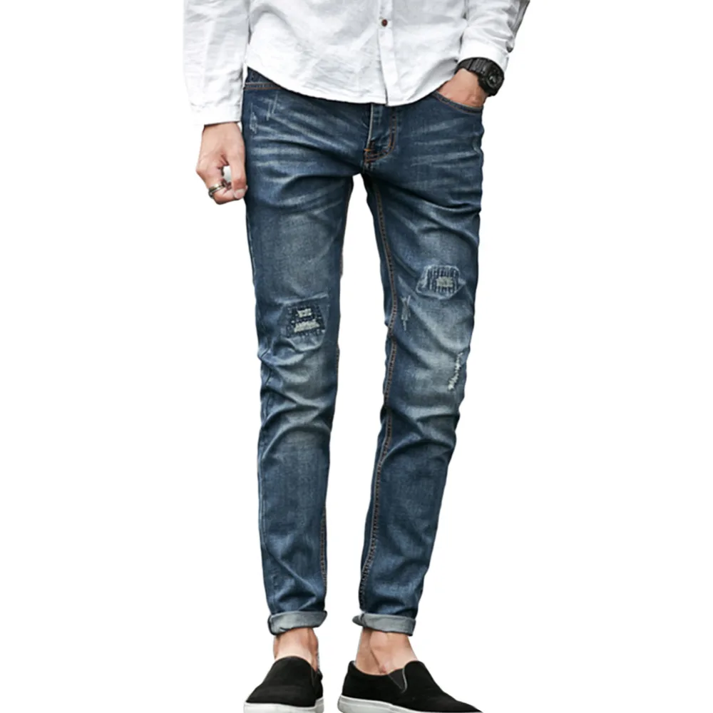 

Men Denim Jeanss 2016 New Fashion Water-washed Straight Pants Blue Ripped Jeans Boy Skinny Plus Size Trousers Pantalon Homme
