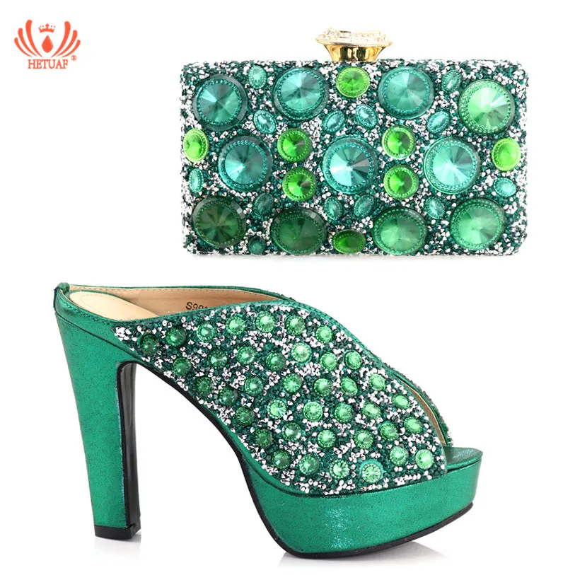 

New Green Color Italian Shoes and Bags To Match Shoe with Bag Set Decorated with Rhinestone Matching Italian Shoe and Bag Set