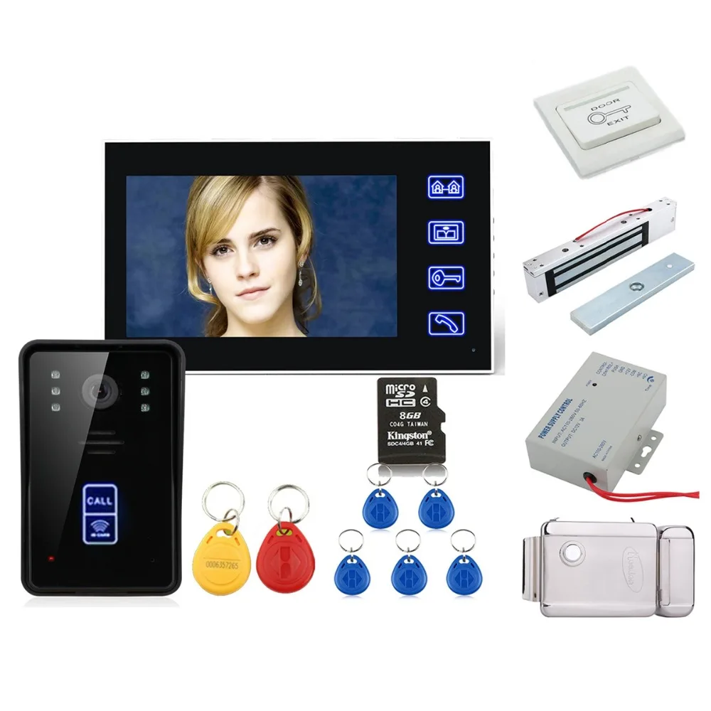 

Home Security 7" RFID Video Door Phone Intercom Doorbell With Recording 8G TF Card Night Vision +Electronic locks Set