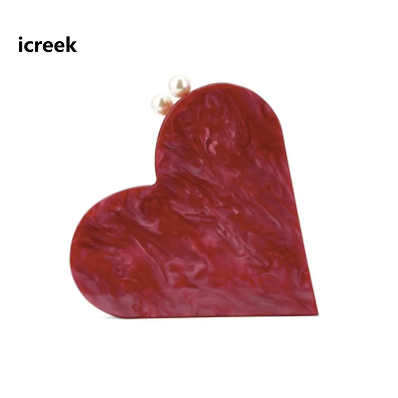 

New arrival solid red heart shaped acrylic clutches fashion women pearl party evening bags designer wedding chains shoulder bags
