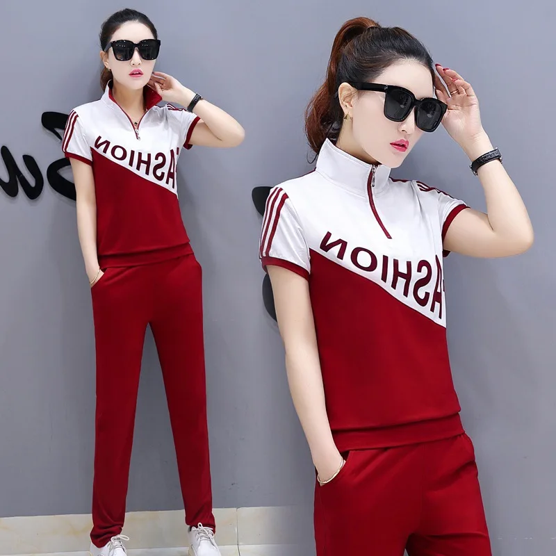 

2pcs Summer Women Sportswear Tracksuit Short Sleeve T-shirt Sweatshirt+pant Running Jogger Fitness Workout Outfit Set Sport Suit
