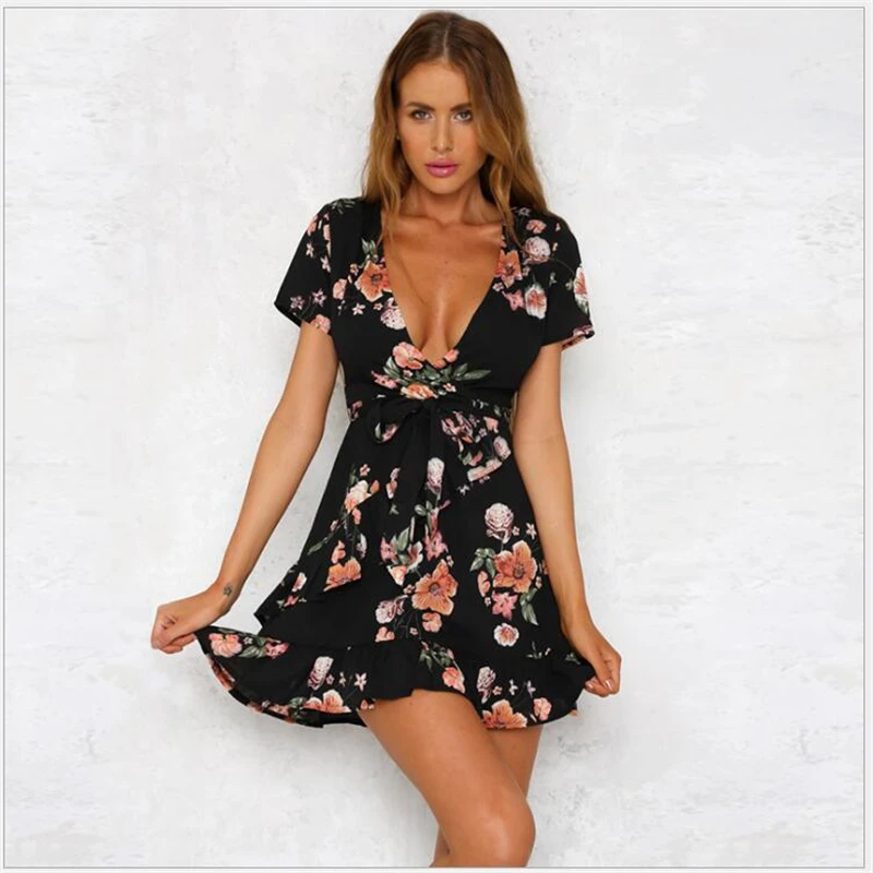 

Vestidos 2019 Summer Bohemian Style Sexy Deep V black Flowers Print Dress Casual Irregular Hem Ruffles Beach Dresses R111