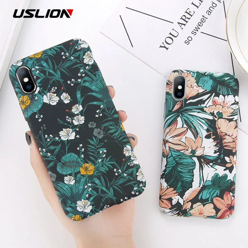 

USLION Luminous Case For iPhone X 8 Plus Green Leaves Flower Phone Cases For iPhone 7 8 6 6S Plus Matte Hard PC Full Back Cover