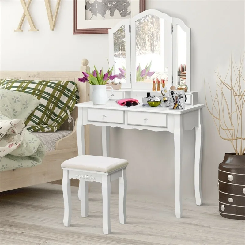 Us 178 45 45 Off Tri Folding Mirror Vanity Table Stool Set With 4 Drawers Bedroom Furniture Dressers Hw55563 In Dressers From Furniture On