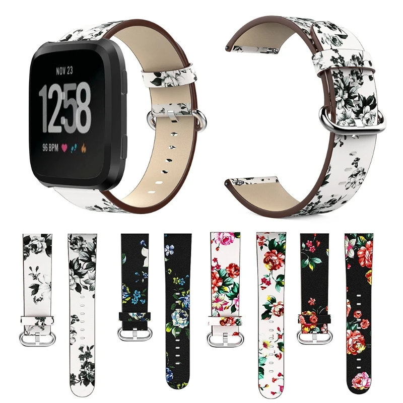 

JAVRICK Leather Strap Peony Print Watch Band Replacement For Fitbit Versa Smart Bracelet