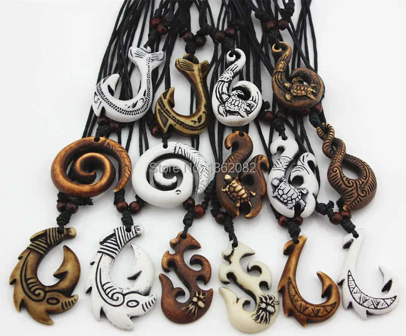 Wholesale lot 15pcs Mixed Hawaiian Jewelry Imitation Bone Carved NZ Maori Fish Hook Pendant Necklace