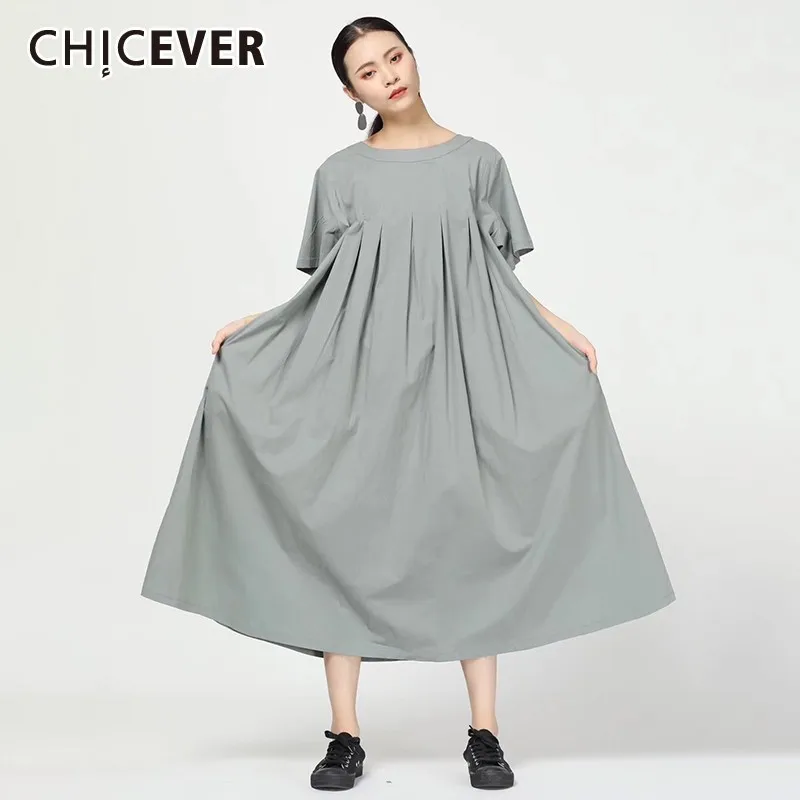 

CHICEVER Summer Casual Solid Women Dress O Neck Short Sleeve Pockets Loose Plus Size Mid Calf Straight Dresses 2019 Fashion New
