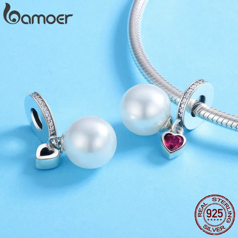 BAMOER Genuine 925 Sterling Silver Elegant Pearl Heart CZ Pendant Charms Fit Bracelets& Necklaces Chain Fine Jewelry SCC782