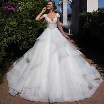 

Fmogl Graceful Ruched Organza A-Line Princess Wedding Dresses 2020 Appliques Cap Sleeves Vintage Bridal Gown Vestido de Noiva