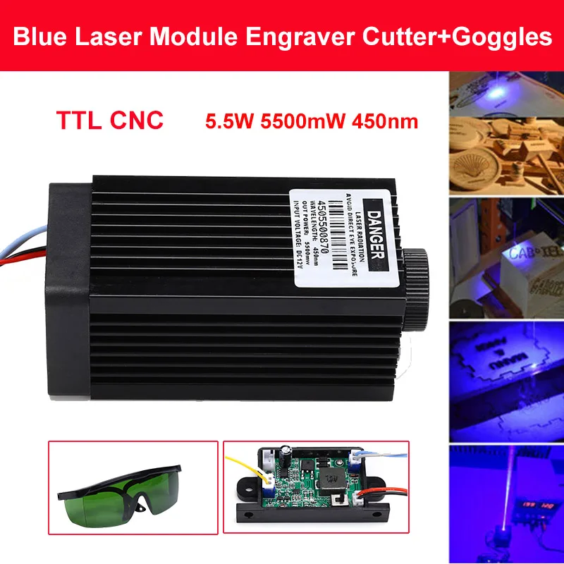 

5.5W 5500mW 450nm Blue Laser Module DIY laser head for CNC laser engraving machine and laser cutter with Free Goggles