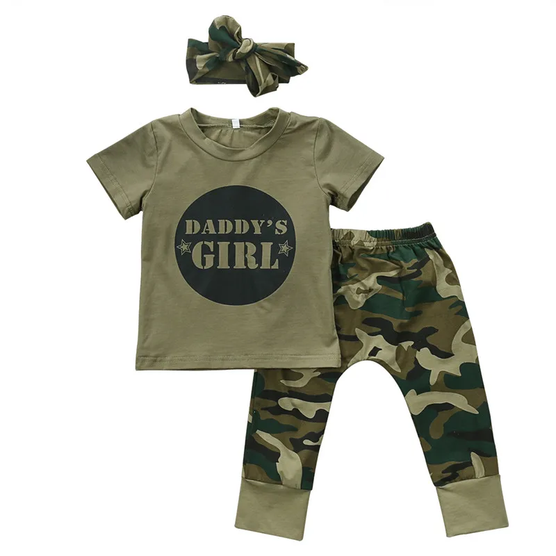 

Cute Boys Girls Clothes short sleeve letter print pullover round neck T-shirts camouflage Pants Bow Headband 2 or 3pc cotton Set
