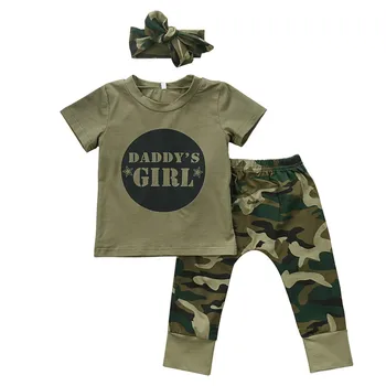 

Cute Boys Girls Clothes short sleeve letter print pullover round neck T-shirts camouflage Pants Bow Headband 2 or 3pc cotton Set