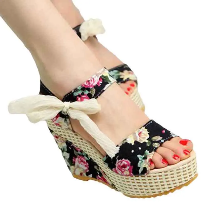 

Summer 2019 Flowers Print Women Wedges Sandals Sweet Ribbons Bow Platform Wedges Shoes Casual Lace Up Open Toe Lady High Heels