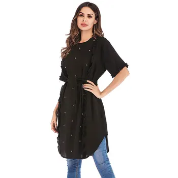 

TUHAO Chiffon Womens Long Shirts Beading Flare Short Sleeve Black 2019 Summer Blouse Office Ladies Shirt Plus Size Tops LW14