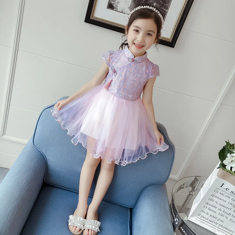 Chinese style girls dress floral embroidery summer lace short sleeve princess dresses bow mesh 2019 kid girl clothes pink kids