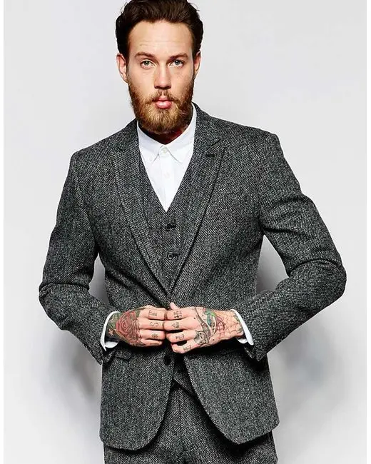 

Latest Coat Pant Designs Smoking Grey Tweed Men Suit Jacket Prom Tuxedo Slim Fit Groom Style Suits Custom 3 Piece Blazer Ternos