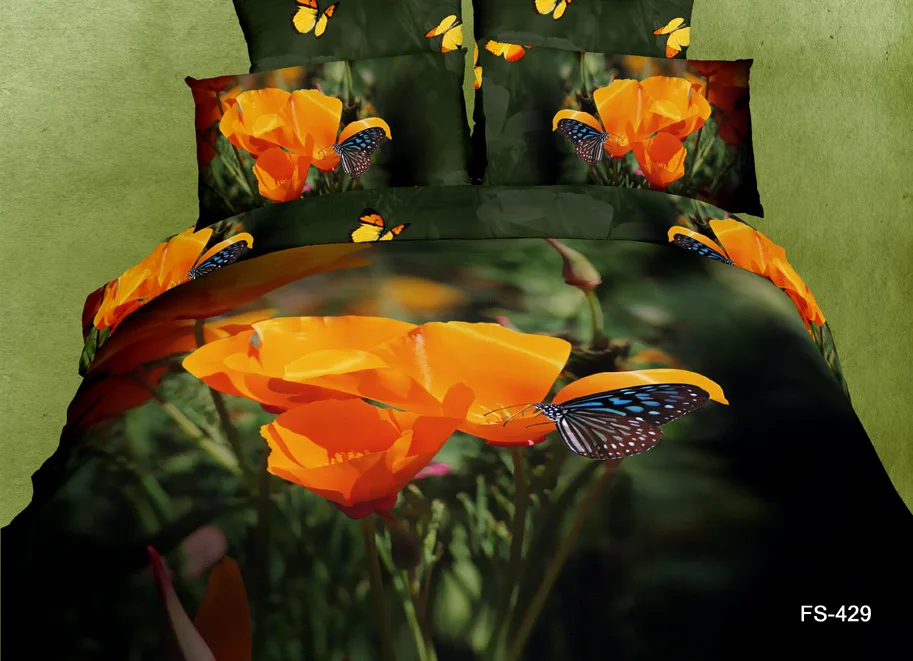 3d Butterfly Floral Bedding Comforter Set Queen Size Green