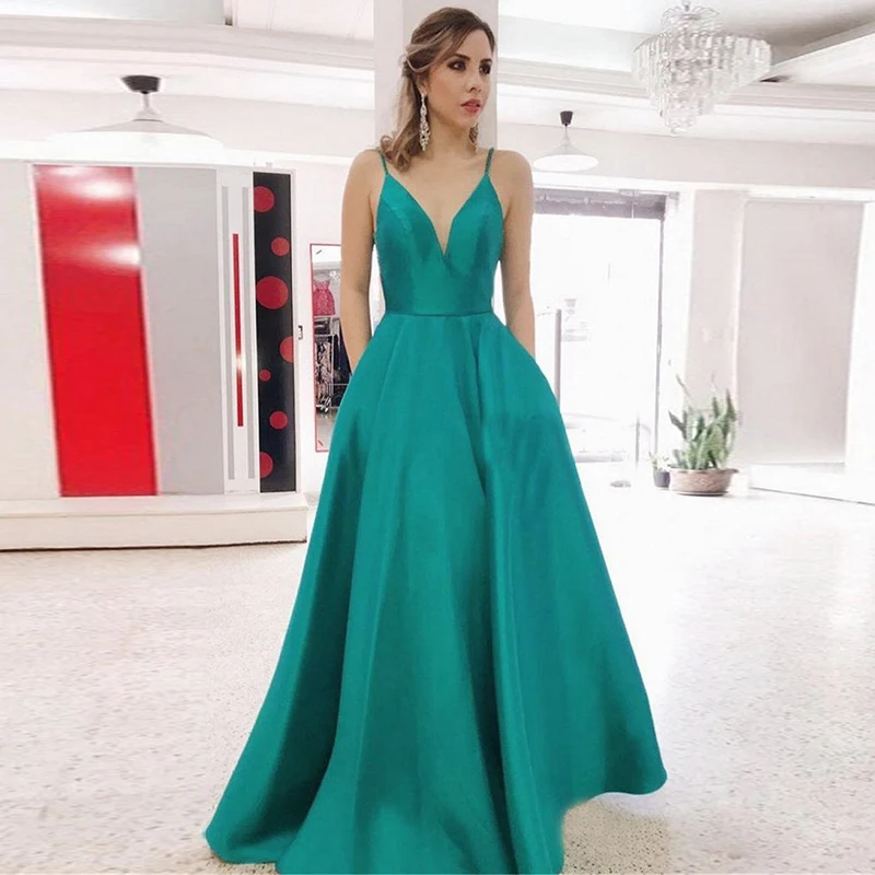 

2019 Long Evening Dresses With Pocket Spaghetti Strap A Line Backless Hunter Green Satin Formal Party Gowns Robe De Soiree