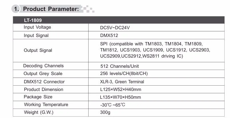 Светодиодный контроллер LT-DMX-1809 DMX декодер; DMX-SPI сигнальный преобразователь, поддержка TM1804/TM1809/WS2811/WS2812B и т. д
