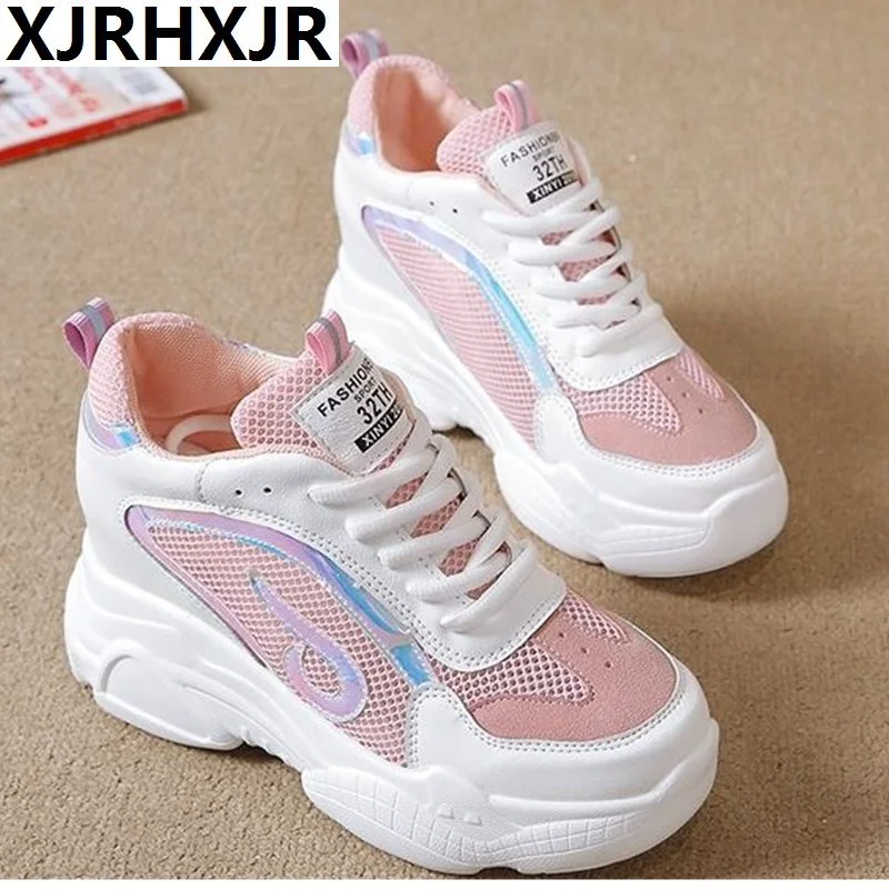 

XJRHXJR 9CM Women Wedge Mesh Platform Vulcanized Shoes Hidden Heel height Increase Casual Shoes Woman Summer Breathable Sneakers