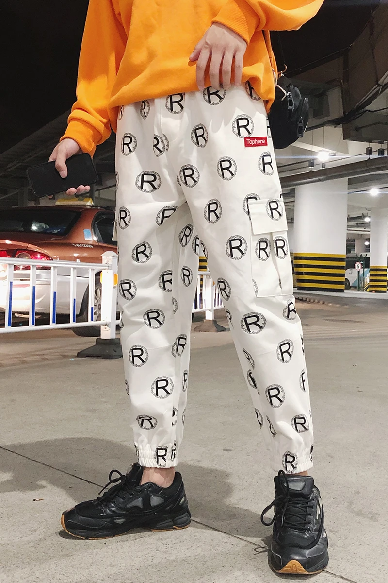 Fashion Casual Men's Trousers Spring And Autumn New S-2XL Printing Loose Feet Pants White Black Personality Youth Popular