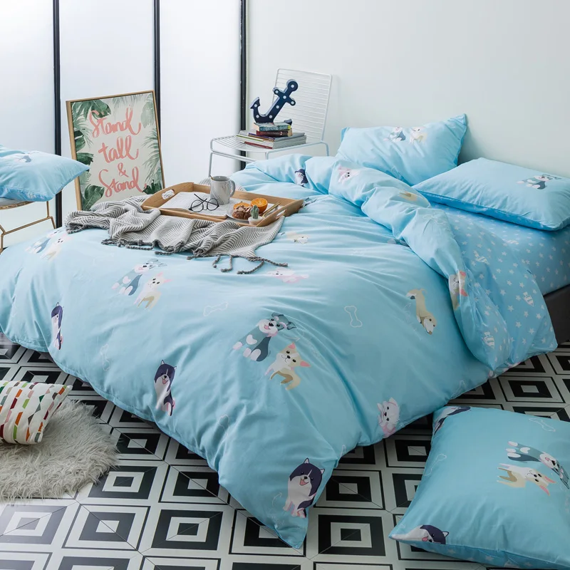 2018 New font b Cute b font Dogs Light Blue Bedding Set Cotton Queen Size 4Pcs