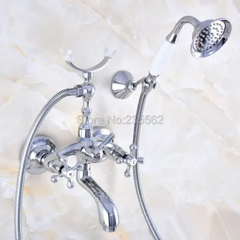 

Bathroom Chrome Wall Mounted Bathtub Faucet Dual Ceramic Handle Shower Mixer Tap with Handheld Shower Spray lna766
