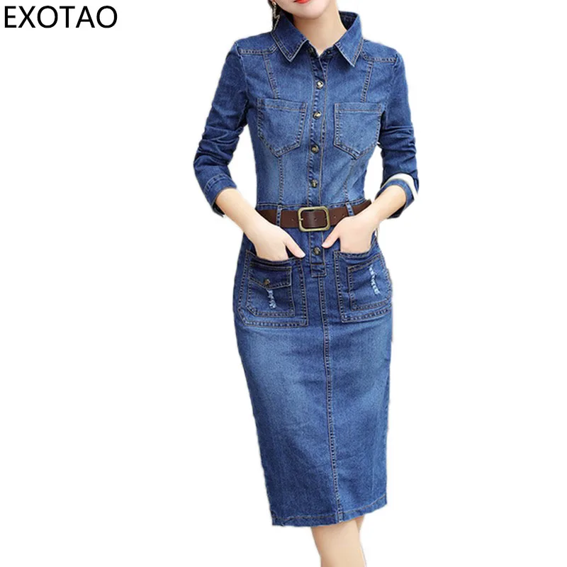 

Kobeinc Denim Dress Female Bandage Sexy Skinny Women Dresses Long Sleeve Mid-Calf Vestidos Mujer Autumn Winter Casual Femme Robe