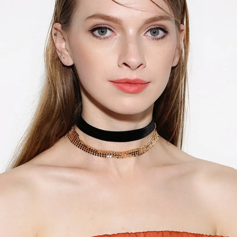 2017 New Elegant Double Layer Metal Sequin Choker Necklace for Women
