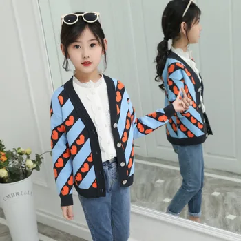 

Winter Girls Clothes Children's Cardigan With Printed Heart Pattern Long Sleeve Sweater Tops&Coat Love Trend Baby Sweaters