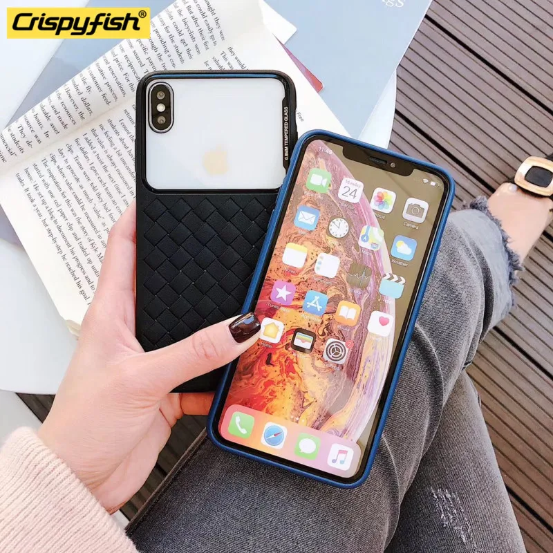 Ткачество закаленное стекло Мягкий ТПУ силиконовый чехол для телефона iPhone 7 8 Plus