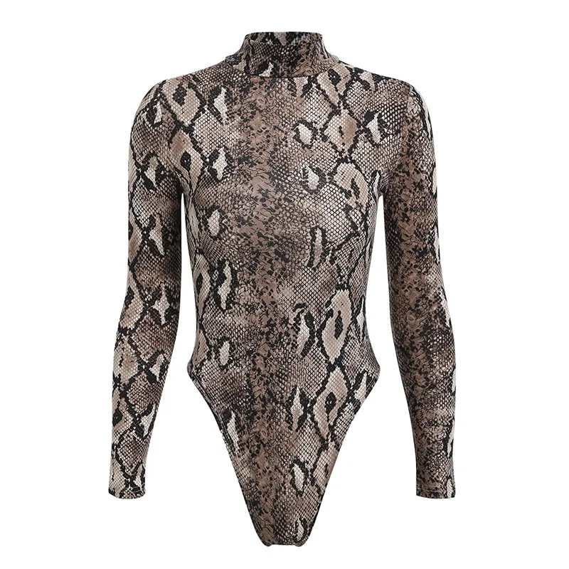Snake print long sleeve bodysuit Women summer one-piece bodysuit sexy spring hollow out slim playsuit rompers overalls