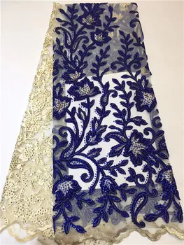 

African Lace Fabric 2019 Royal blue High Quality French Velvet Lace With beads Lace Fabric For Wedding Party dress ffz4-14