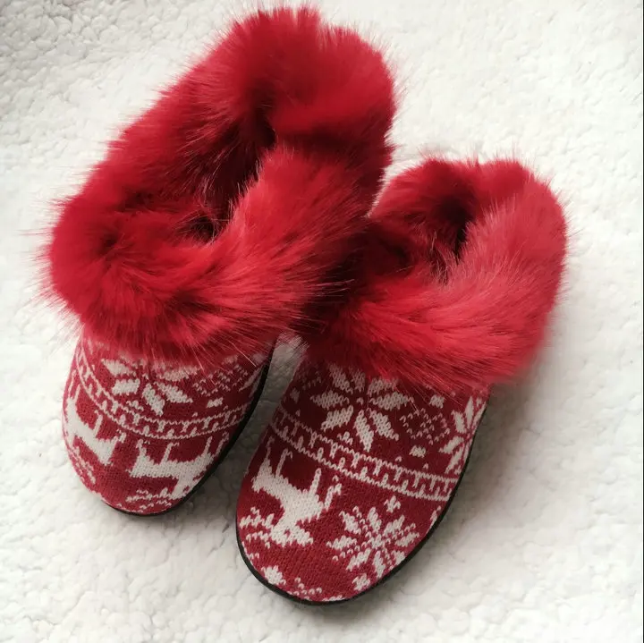 Women's Soft Yarn Cable Knitted Faux Fur Collar Slip On Slippers Memory Foam Anti-Skid Sole House Slipper Shoes (16)