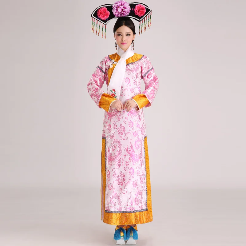 Новое поступление Для женщин династии Цин костюм Китайский народный костюм Femal Cheongsam с головной убор и шарф фильм Принцесса costume16