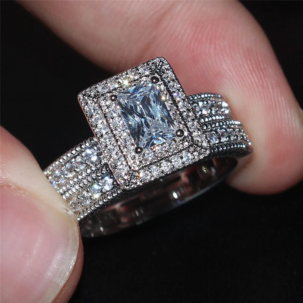 Lady's Viatage 10KT white gold filled square birthstone CZ Ring set