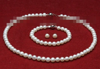 

Women's Wedding charm Jew.656 AAA sets 7-8mm white fresh water pearls necklace bracelets earrings Natural Ms.-jewelry